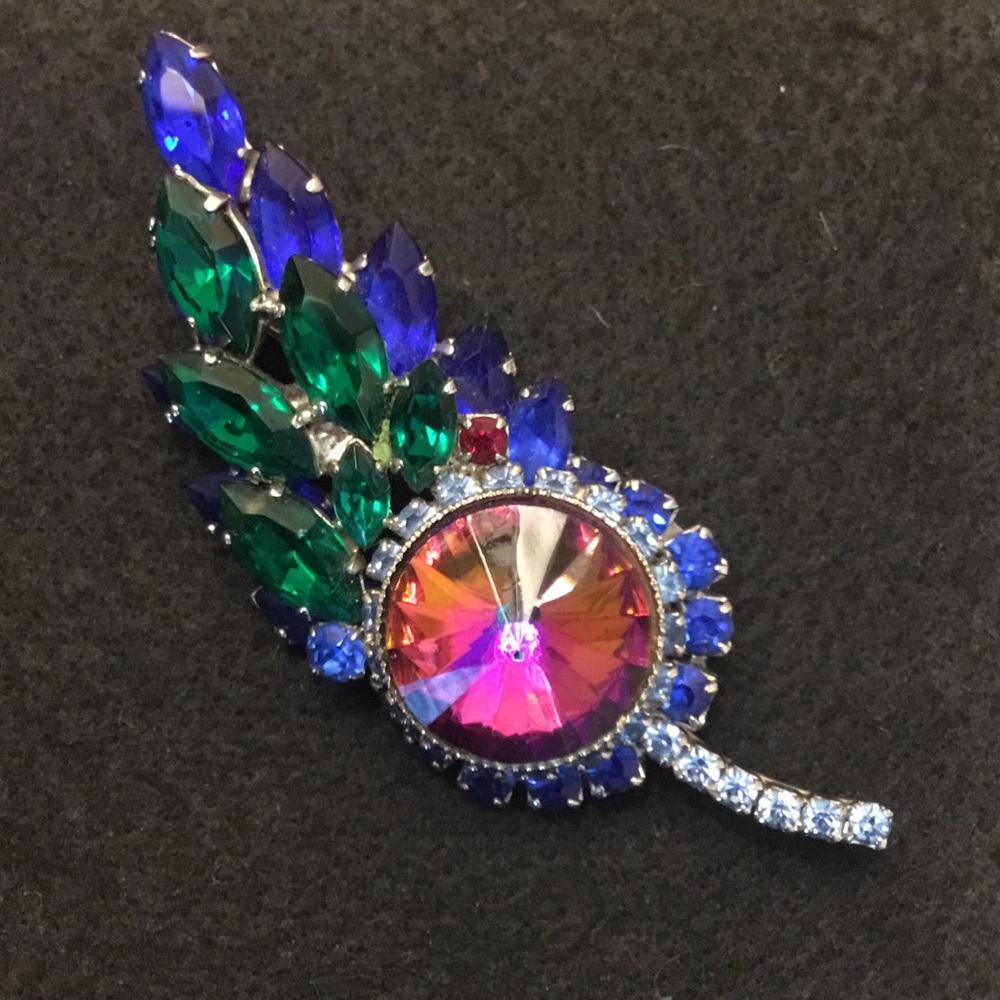Watermelon Colored Rivoli Layered Rhinestone Brooch - Picture 3 of 13